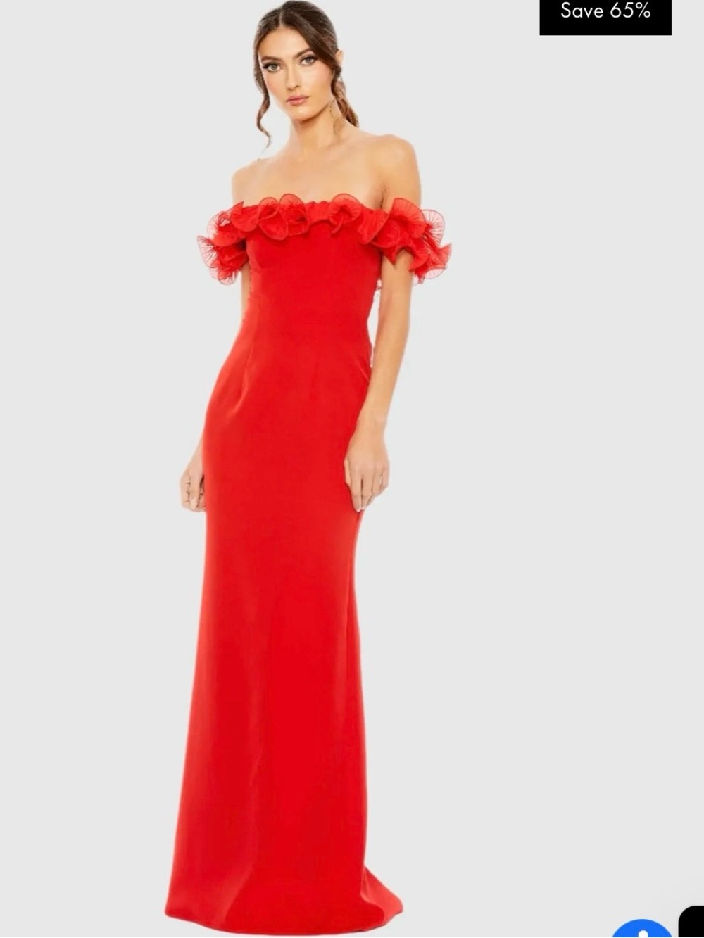 Mac Duggal Red Off-Shoulder Maxi Gown with Ruffle Trim